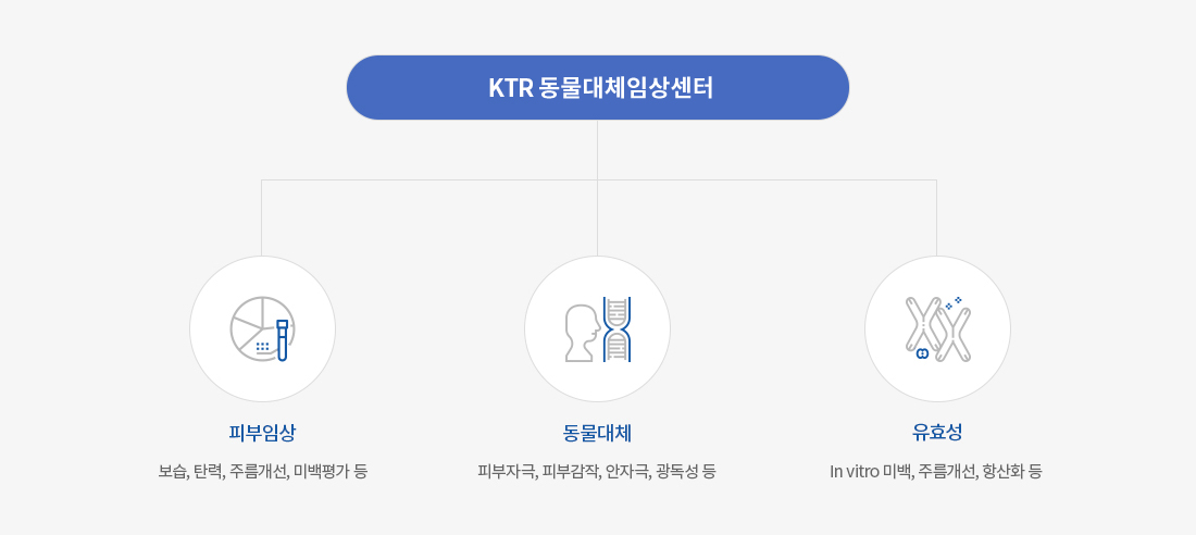 KTR 동물대체임상센터 - 피부임상(보습, 탄력, 주름개선, 미백평가 등), 동물대체(피부자극, 피부감작, 안자극, 광독성 등), 유효성(In vitro 미백, 주름개선, 향산화 등)