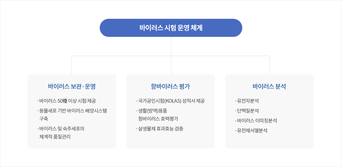 바이러스 시험 운영 체계. 바이러스 보관·운영 : 바이러스 50種 이상 보유, 숙주세포 20種 이상 보유, 바이러스 및 숙주세포의 체계적 관리. 항바이러스 평가 : 항바이러스 시험 KOLAS 인정, 생활(방역)용품, 항바이러스 효력평가, 살생물제 효과효능 검증. 바이러스 분석 : 유전자분석, 단백질분석, 바이러스 이미징분석, 유전체서열분석